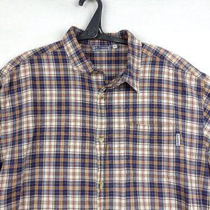 Billabong Mens Button Up Shirt Size XL Blue Red Plaid Short Sleeves Cotton